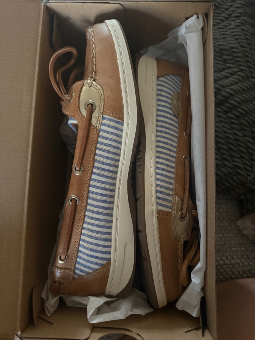 Sperry Brown Leather & Blue-White Striped Boat Shoes